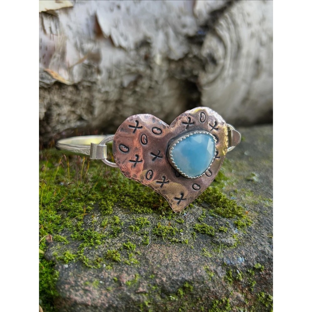 Heart Locking Bracelet, Larimar Stone, Hammered Copper Sterling Silver, Boho